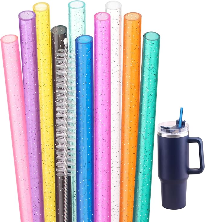 Dakoufish Replacement Glitter Straws for Stanley|Owala|Simple Modern 40oz 30oz Tumbler,10 Pack 13 Inch Reusable Straws With Cleaning Brush For Stanley Hydro Jug Cup,Dishwasher Safe (Mix 10color)