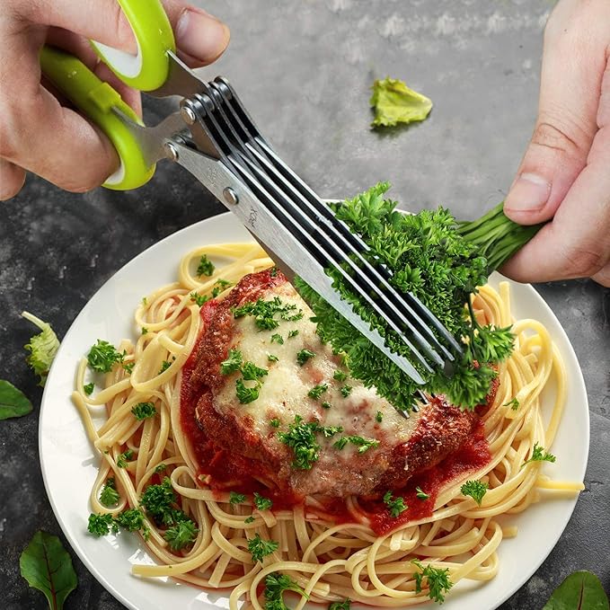 Herb Scissors, X-Chef Multipurpose 5 Blade Kitchen Herb Shears Herb Cutter with Safety Cover and Cleaning Comb for Chopping Basil Chive Parsley (Green)