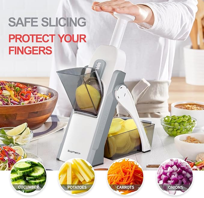 SupMaKin Safe Mandoline Slicer, Potato Slicer Maual Vegetable Chopper Adjustable Thickness Food Cutter, Kitchen Chopping Artifact for Cooking Meal Prep (Gray)