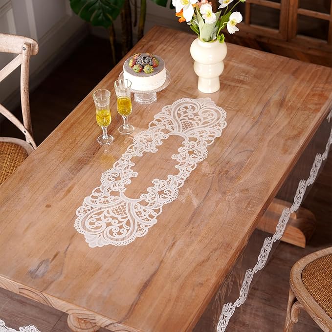 Clear Table Cover Protector Vinyl Table Cloth Rectangle Oil Spill Proof Vintage Rustic Plastic Table Covers for Dining Tables (White Lace, 60 x 120 Inches)