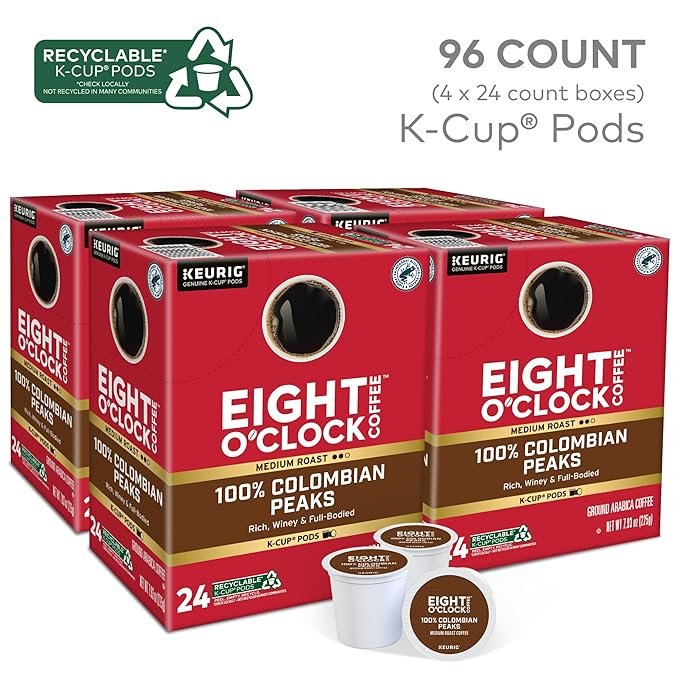 Eight O'Clock Coffee Colombian Peaks Single-Serve Keurig K-Cup Pods, Medium Roast Coffee Pods, 96 Count