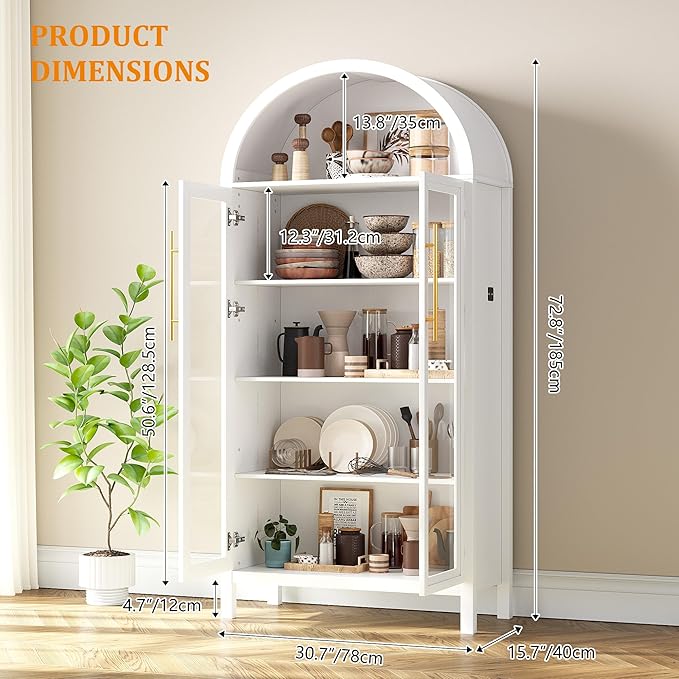 Arched Kitchen Pantry Cabinet with Glass Doors, Display Curio Case with 3 Color LED Lights for Collectibles, Modern 5-Tier Storage Hutch Cabinet for Kitchen, Dining Room, White