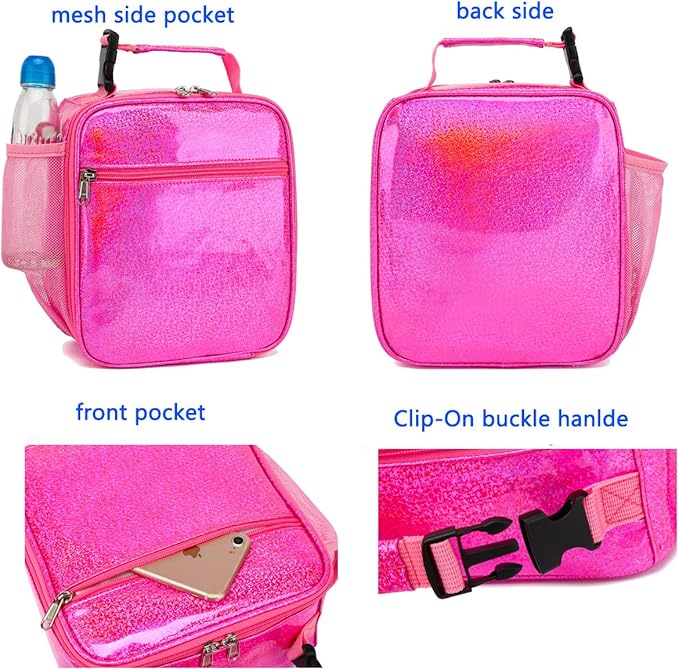 FlowFly Kids Lunch box Insulated Soft Bag Mini Cooler Back to School Thermal Meal Tote Kit for Girls, Boys, PU Pink