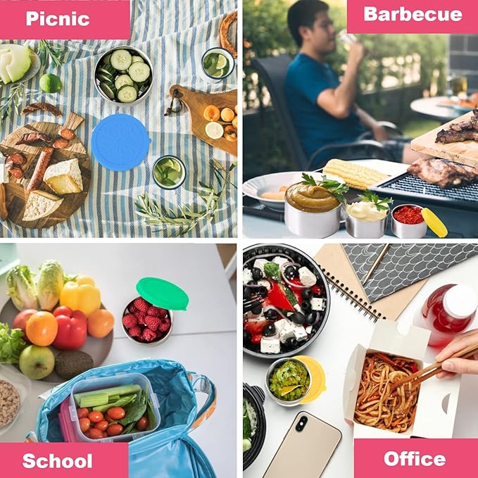 LALASTAR Stainless Steel Food Containers with Lids, Set of 3 Reusable Snack Containers (110 ml, 220ml, 400ml), Leakproof Silicone Lids, Metal Food Storage Containers for Snack, Lunch, Bento, Sauce