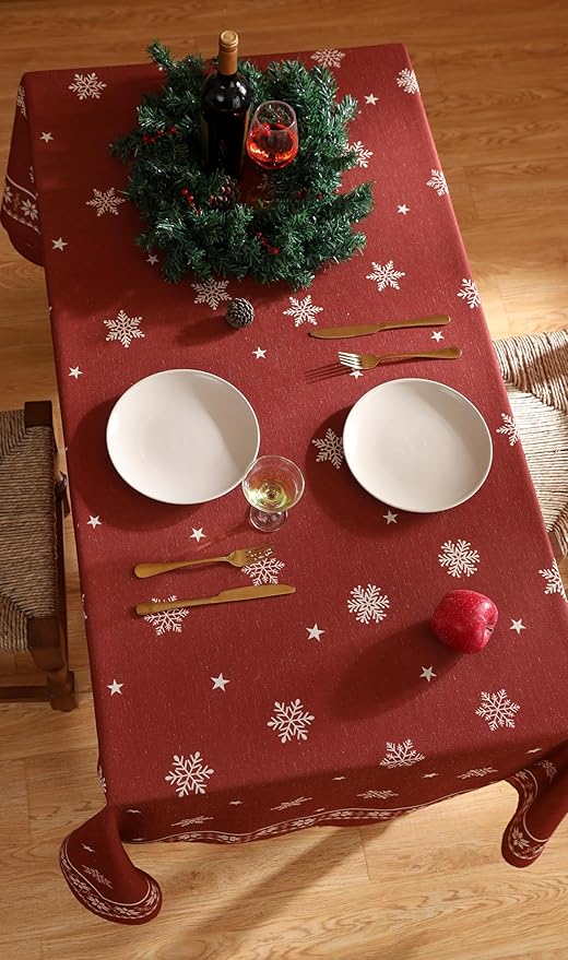 ISAENNE Designer Christmas Red Table Cloth for Rectangle Table,Linen Tablecloth with Snowflakes Pattern,Wrinkle Resistant Decor Tablecloths for Dining Kitchen Thanksgiving,55"*79"-Carol C