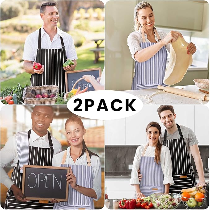 2 Pack Adjustable Bib Apron with 2 Pockets Chef Cooking Kitchen Restaurant Aprons for Women Men
