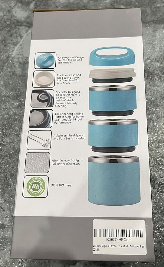 Lille Home Stackable Stainless Steel Thermal Compartment Lunch/Snack Box, 3-Tier Insulated Bento/Food Container with Lunch Bag, Utensils Set and Three Extra Seals, 43OZ (Blue)