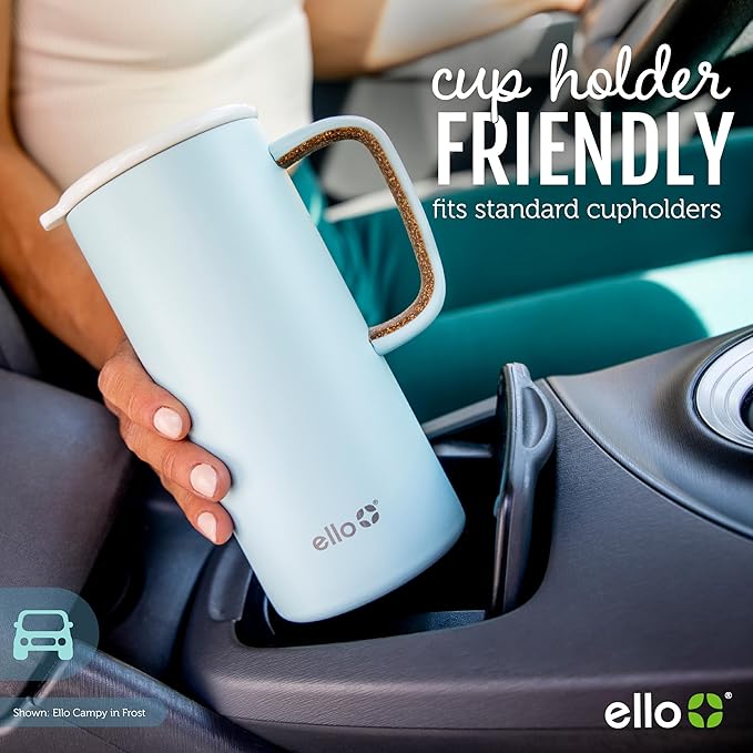 Ello Campy 18oz Stainless Steel Travel Mug with Handle and Leak Proof Lid | Vacuum Insulated Coffee Cup for Hot or Cold Drinks | Reusable, BPA Free | Gift for Coffee Lovers, Pink Satin