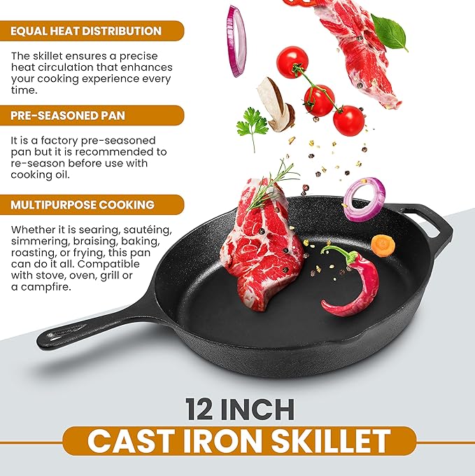 Utopia Kitchen Saute Frying Pan 12 Inch, Cast Iron Chefs Pan, Pre Seasoned Cast iron Skillet With Lid, Safe Grill Cookware for Indoor & Outdoor Use, Black