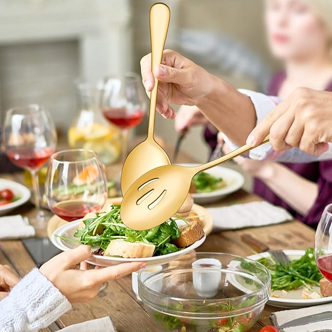 LIANYU 12-Piece Large Gold Serving Utensils Set, 9.8 Inch Stainless Steel Serving Spoons Forks Tongs Set, Perfect for Hostess Buffet Catering Party, Dishwasher Safe