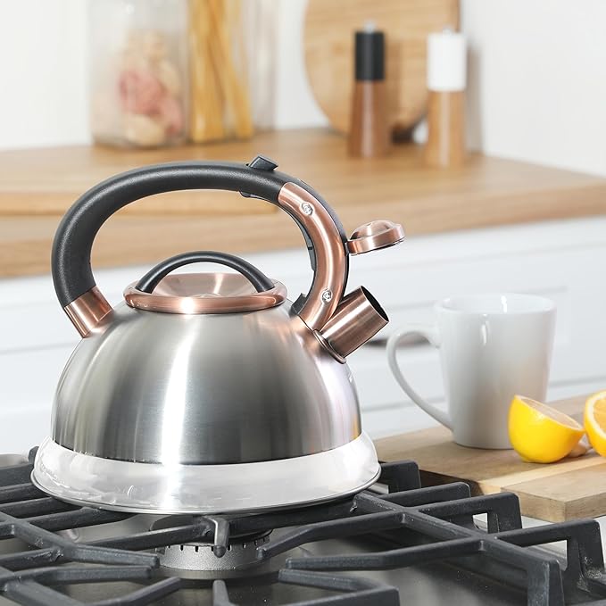 Mr. Coffee Flintshire 2.2 Quart Large Whistling Stainless Steel Tea Kettle - Brush Stainless Steel W/Copper