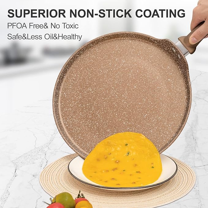 Innerwell Nonstick Crepe Pan, Granite Coating Flat Skillet Dosa Tawa Tortilla Pan, 10 inch Pancake Griddle Roti Pan With Stay-Cool Handle, Induction Compatible, PFOA Free