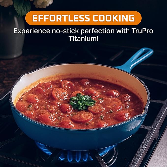 Bruntmor Pre-Seasoned Cast Iron Frying Pan Set - 8, 10, 12 Inch Blue Enamel Nonstick Skillets with Tempered Glass Lid - Oven Safe Egg and Grill Pan Set for Cooking, Searing, and Frying