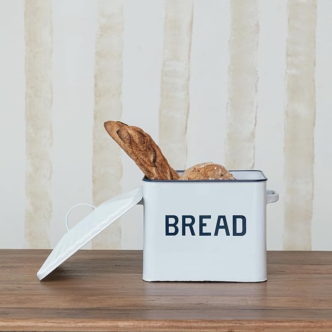 Creative Co-Op Chic Farmhouse Enameled Bread Box with Lid, "Bread" Message, White and Navy