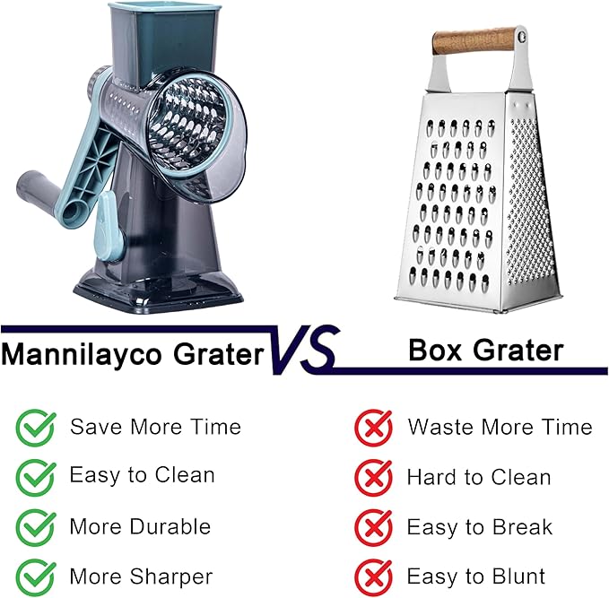 Rotary Cheese Grater Cheese Shredder, Cheese Grater Handheld with Strong Suction Base,Kitchen Vegetable Slicer 3 Replaceable Stainless Drum Blades for Fruit, Food, Nuts,Easy to Use Clean (Blue)