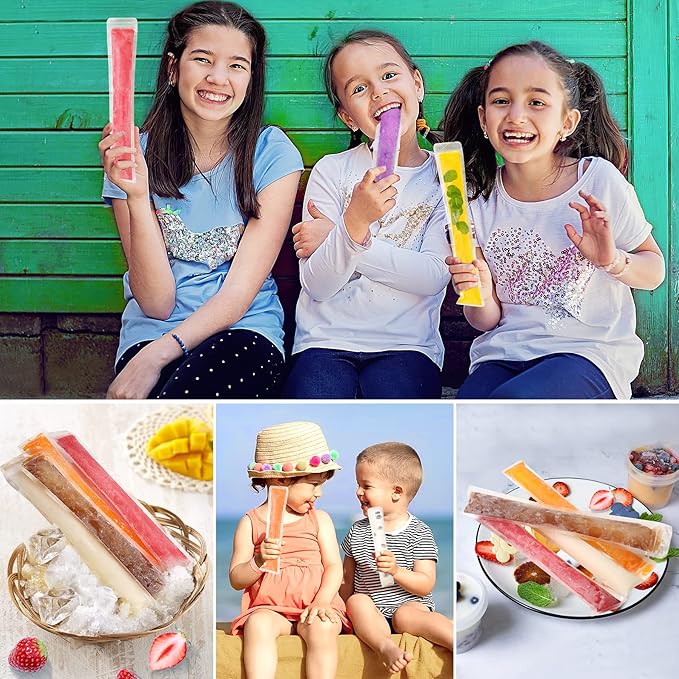FEBSNOW 120 Disposable Ice Popsicle Mold Bags Freezer Tubes With Zip Seals For Healthy Snacks,Yogurt Sticks,Juice & Fruit Smoothies,Ice Candy Pops Comes With A Funnel (11"x2")