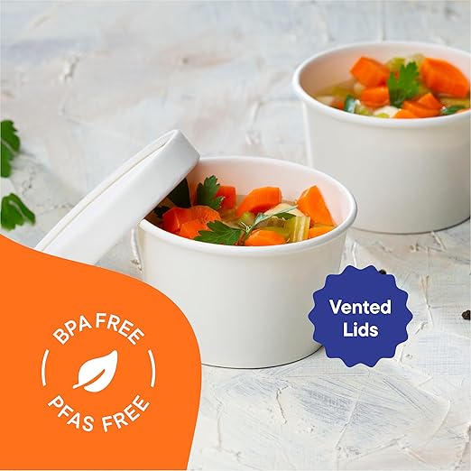 Stack Man [8 oz. - 50 Sets] Paper Food Container with Lid, Insulated Food Cups with Vented Lids - Hot or Cold To Go Soup Cup, for Soups, Ice Cream and Yogurt - Eco-Friendly - White