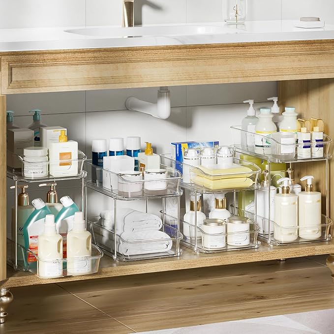 Delamu 2-Tier Under Sink Organizers and Storage, Multi-Purpose Stackable Bathroom Cabinet Organizers, Pull Out Kitchen Pantry Organization and Storage with Dividers(4 Pack, Clear)