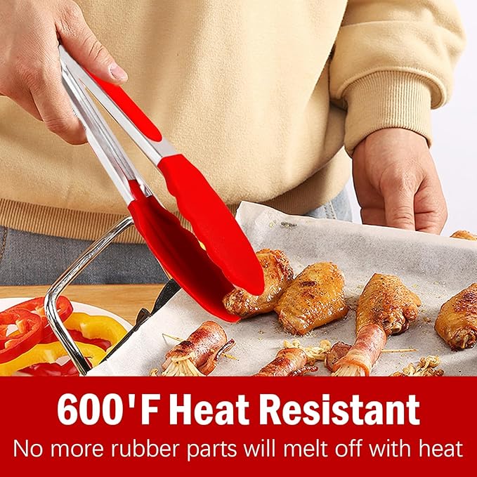 Silicone Kitchen Tongs for Cooking - 9+12 Inch Heat-Resistant Stainless Steel Cooking Tongs with Non-Slip Handle, Non-Scratch Tips for, BBQ, Salad & Air Fryer - 2-PieceRedSet