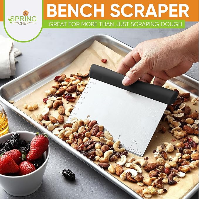 Spring Chef Dough Bench Scraper for Baking with Markings - Stainless Steel Kitchen Dough Cutter Tool with Bowl Pastry Scraper for Pizza, Bread, Pastries - Bench Knife - Dishwasher Safe - Black