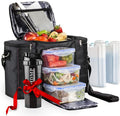 Meal Prep Lunch Bag/Box For Men, Women + 3 Large Food Containers (45 Oz.) + 2 Big Reusable Ice Packs + Shoulder Strap + Shaker With Storage. Insulated Lunchbox Cooler Portion Control Set (Black)