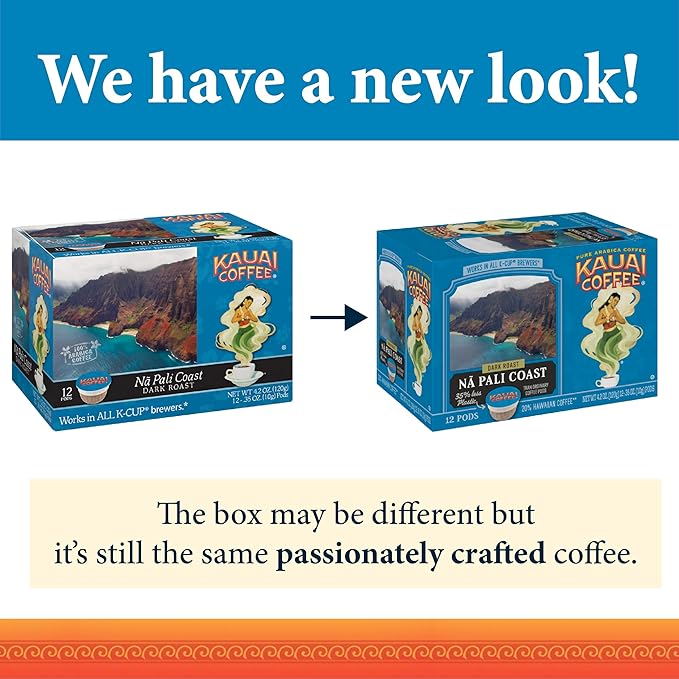 Kauai Coffee Pods Compatible with K-Cup Pods for Keurig Brewers – 20% Hawaiian Arabica – Dark Roast, Rich, Smooth, No Bitterness – Na Pali Coast, 6 Packs of 12 Single Serve Cups