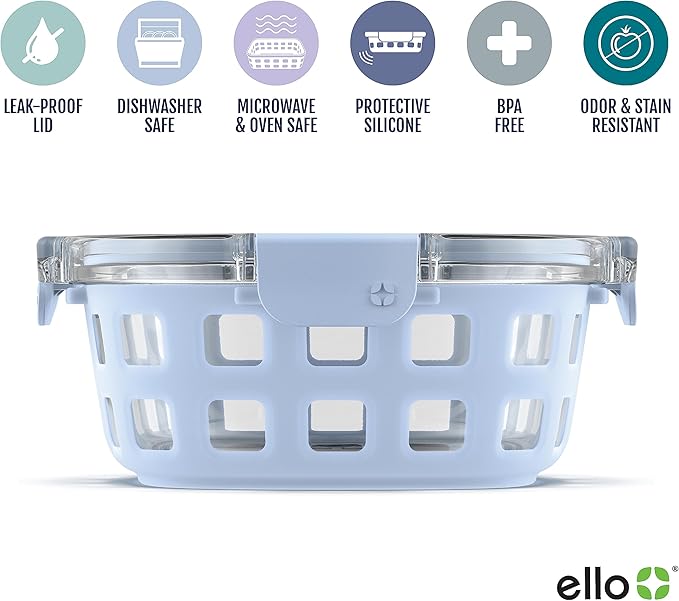 Ello Duraglass Meal Prep Container, 4 cup- Glass Food Storage Container with Silicone Sleeve and Airtight BPA-Free Plastic Lid, Dishwasher, Microwave, and Freezer Safe, Halogen Blue