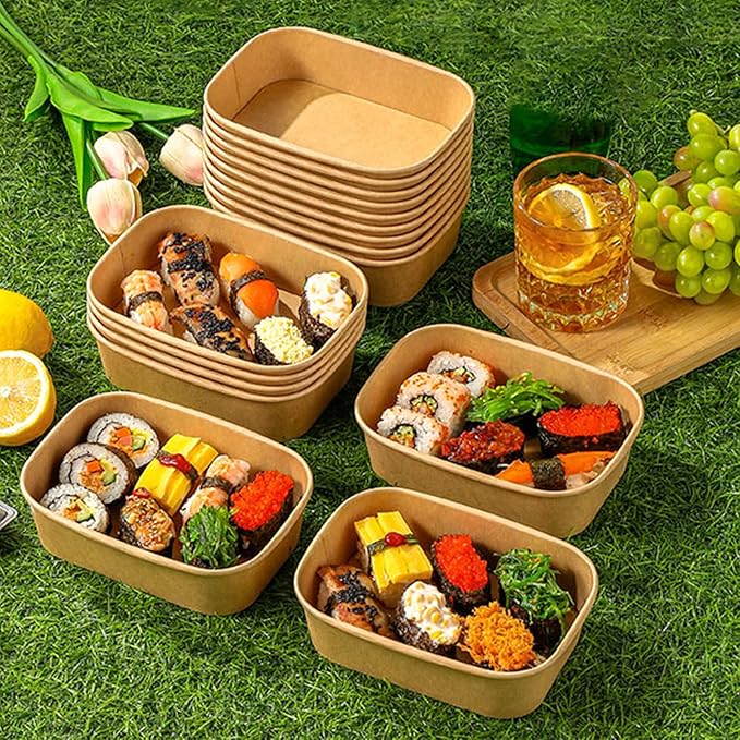 DI QIU REN 50-Pack 29oz Disposable Kraft Paper Bowls【with Lids and Forks】, Meal Prep Containers Disposable Large Paper Bowls Leakproof Take Out To Go Food Containers, Microwave Safe for Hot/Cold Food