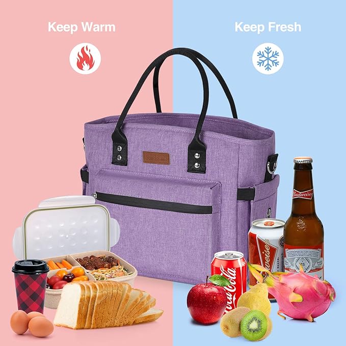 Insulated Lunch Bag for Women Men,Adult Lunch Box for Women with Adjustable Shoulder Strap,Portable Large Lunch Tote Bag for Office Work Picnic Beach,Reusable Lunch Cooler Bag