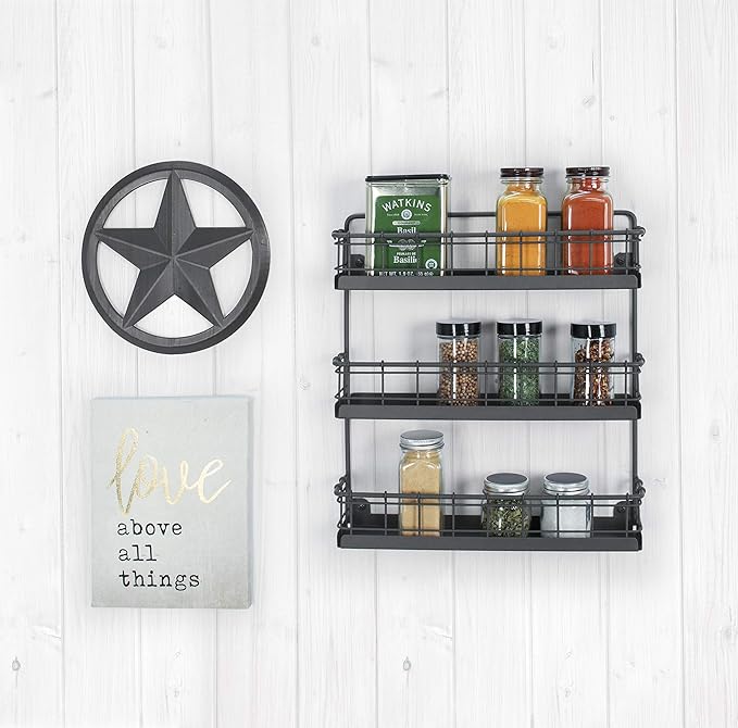 Spectrum Diversified Storage for Kitchen, Pantry, Cabinet, Industrial Gray Vintage Wall-Mount 3-Tier Spice Rack, Large (Pack of 4)