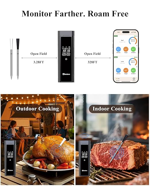Wisebee Meat Thermometer Digital Wireless, 328FT Dual Probes Food Thermometer Bluetooth Remote Monitoring for Cooking- BBQ, Grill, Oven, Smoker