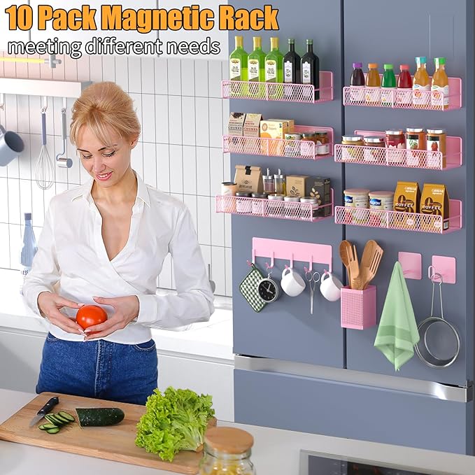 Magnetic Spice Rack for Refrigerator, 10 Pack 100% Metal Strong Magnet Shelf, Space Saving Spice Organizer W/ Hooks, Movable Magnetic Fridge Shelf, Kitchen Home Laundry Room Storage Organization, Pink