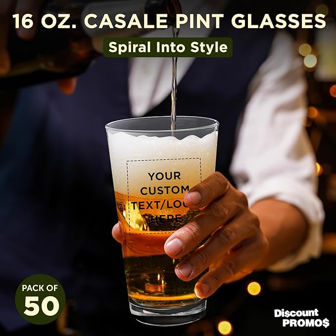 Custom Casale Pint Glass 16 oz. Set of 50, Personalized Bulk Pack - Beer Glasses, Heavy Duty Drinkware - Black