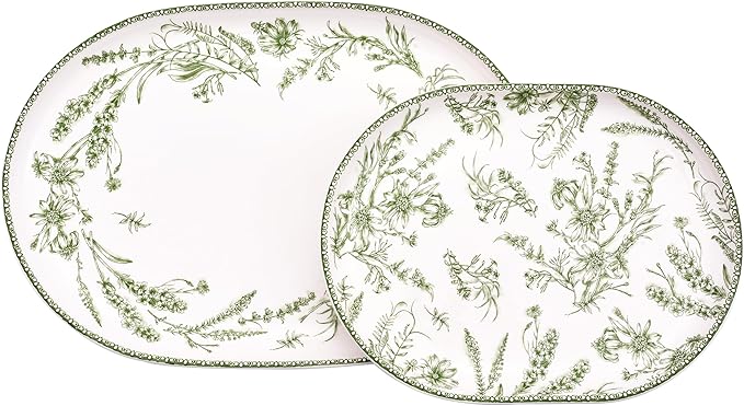 Bico Green Garden Toile De Jouy 16 plus 12 inch Oval Platters Set, Set of 2, Microwave and Dishwasher Safe, for Serving Fish, Chicken, Turkey