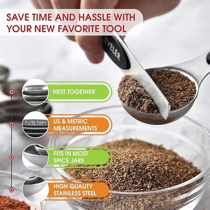 Spring Chef Stainless Steel Magnetic Measuring Spoons Set of 8 with Leveler, Dual Sided Metal Teaspoon & Tablespoon Measuring Spoons, Nesting Kitchen Gadgets for Baking & Cooking - 2 Pack - Black