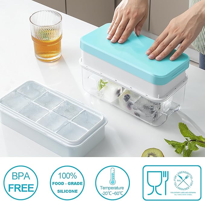 Large Ice Cube Tray, Easy Release Press Ice Cube Moulds, No Overflow Ice Cube Maker and Storage Container All in One, Perfect for Whiskey, Cocktail, for 16 Large Ice Cubes(5cmx5cmx4.5cm), Blue