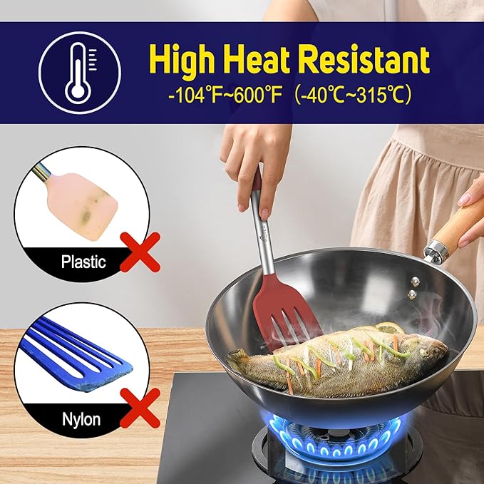 HOTEC Silicone Spatula Set of 2 Heat-Resistant 600°F & BPA-Free Kitchen SaptulaTurner with Stainless Steel Handles, Slotted & Solid Spatulas for Nonstick Cookware, 13.7 Inch, Red