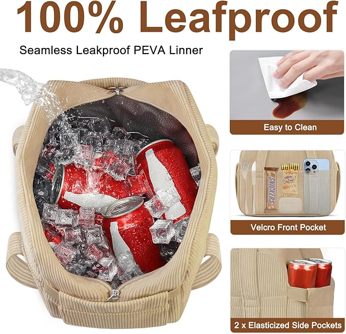 Corduroy Lunch Box Lunch Bag for Women Men, Cute Strawberry Small Insulated Reusable Work Leakproof Simple Lunch Boxes Tote Bag Adults Cooler Bag