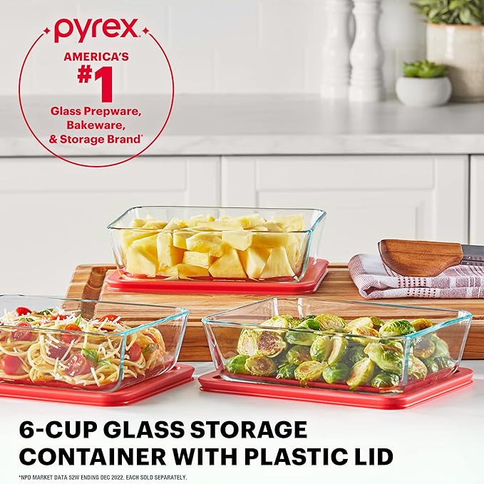 Pyrex Simply Store Glass Food Storage Container, Snug Fit Non-Toxic Plastic BPA-Free Lids, Freezer Dishwasher Microwave Safe, 6 Cup