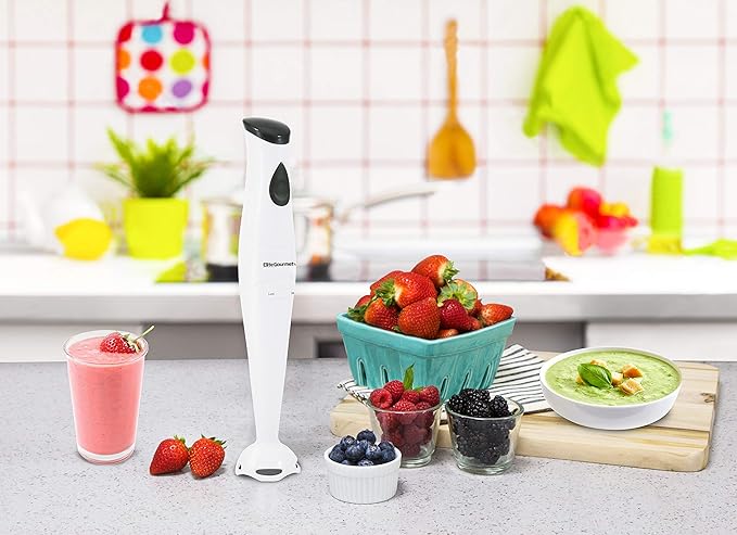 Elite Gourmet EHB2400W Electric Immersion Hand Blender, Mixer, Chopper, 1-Touch Control Multi Purpose Electric Immersion Stick, Mixer, Chopper, 150 Watts, For Soups, Sauces, Baby Food, White