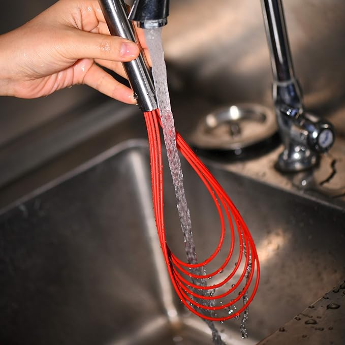 Flat Whisk Set,Stainless Steel 3 Pack 10''+11''+12'' Premium Sturdy-6 Silicone Heads Non Stick Wires Whisk for Blending Beating Stirring Kitchen Cooking Color Red by Jell-Cell