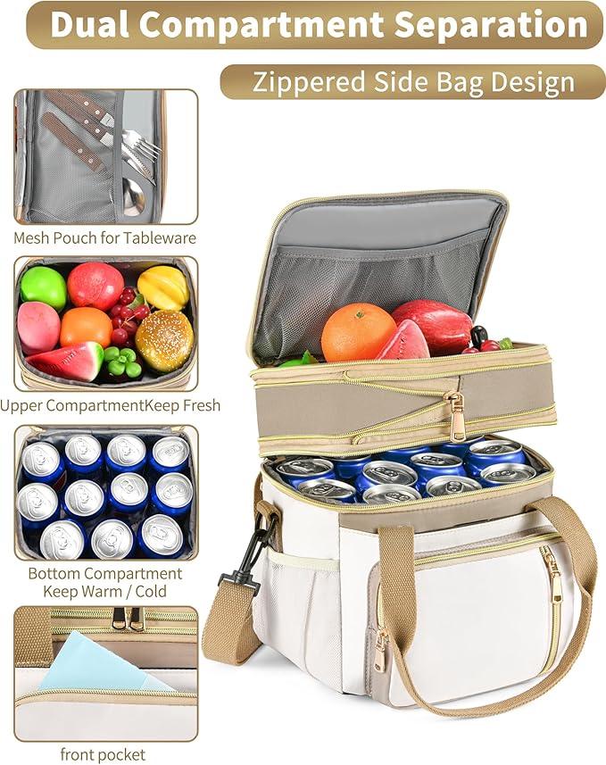 LOKASS Lunch Box for Women-Double Deck Insulated Adults Lunch Bag with Removable Shoulder Strap- Cute Wide Open Lunch Tote for Work/Office/Picnic/Beach/Travel (Brown)