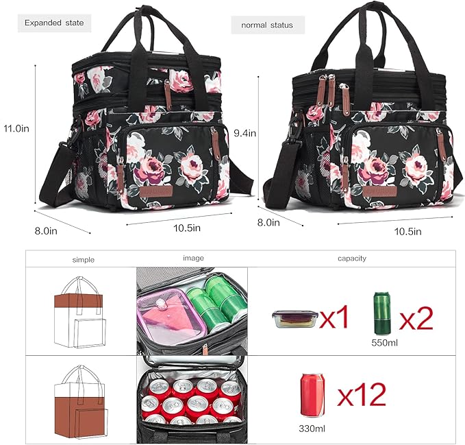 MOV COMPRA Lunch Bag Women Flower Insulated Lunch Box for Work, Expandable Large Lunch Bag, Leakproof Double Deck Lunch Box Cooler Bag with Removable Shoulder Strap（Flower）