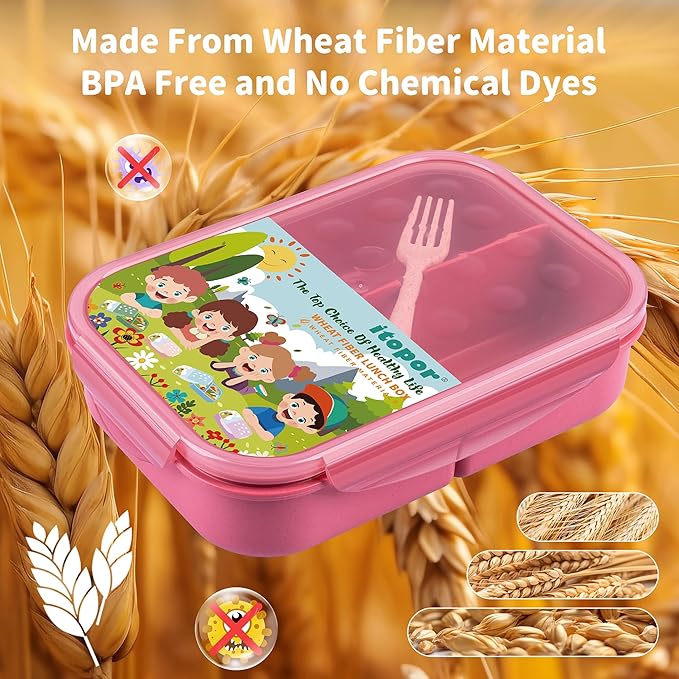 Wheat Straw Lunch Box, Leakproof Bento Box for Kids Adults, Lunch Containers with 3 Compartments BPA-Free Microwave Safe (Pink, 5.5 cup)