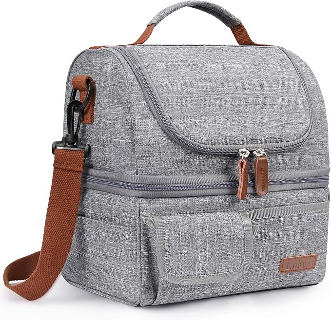 LOKASS Lunch Box for Women-Double Deck Insulated Adults Lunch Bag with Removable Shoulder Strap- Cute Wide Open Lunch Tote for Work/Office/Picnic/Beach/Travel (Gray)
