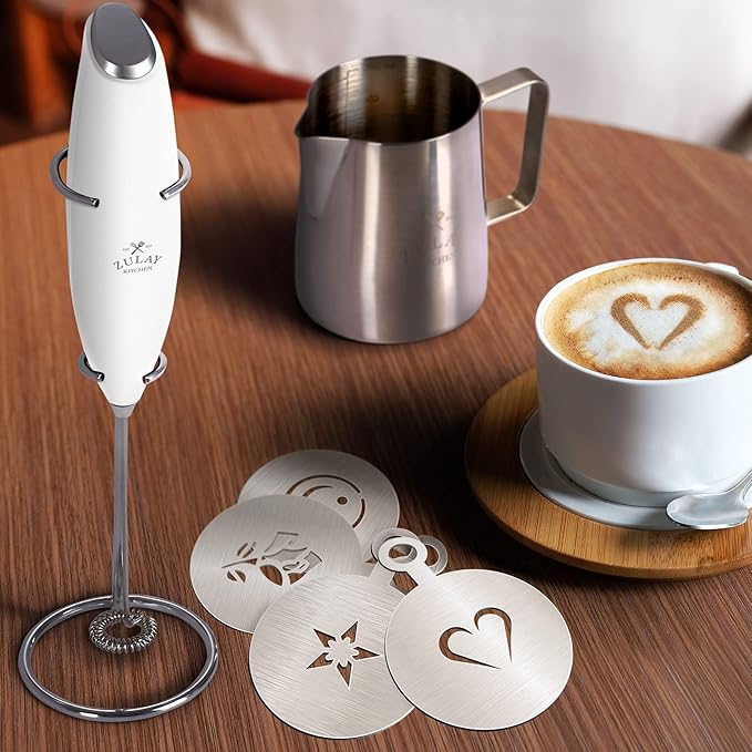 Zulay Kitchen Premium Gift Milk Frother Complete Set - Handheld Foam Maker, Stencils & Frother Set - Whisk Drink Mixer for Coffee - Mini Blender for Cappuccino, Frappe
