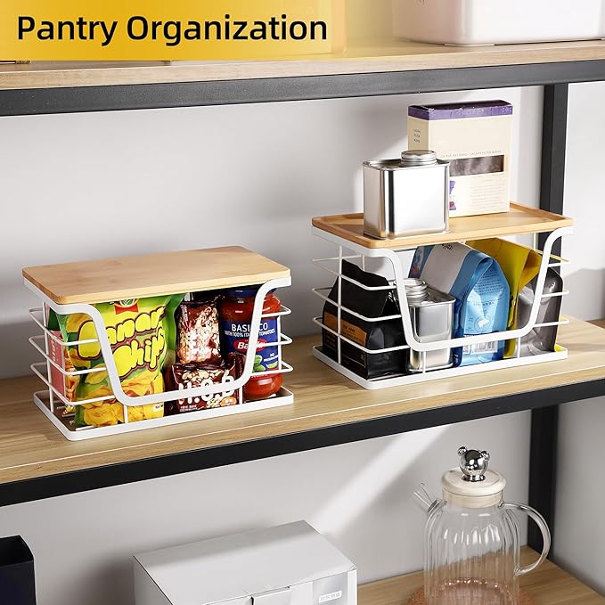 ALOCEO 2 Pack Potato and Onion Storage Bins, Large Trash Bag Holder Under Sink with Bamboo Top, Stainless Steel Pantry Organizers Storage, Kitchen Counter, White