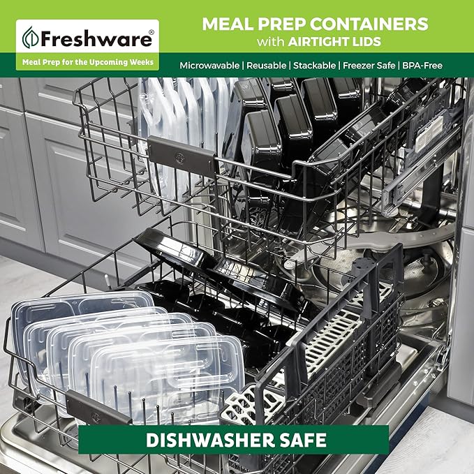 Freshware Meal Prep Containers [150 Pack] 3 Compartment with Lids, Food Storage Containers, Bento Box, BPA Free, Stackable, Microwave/Dishwasher/Freezer Safe (24 oz)