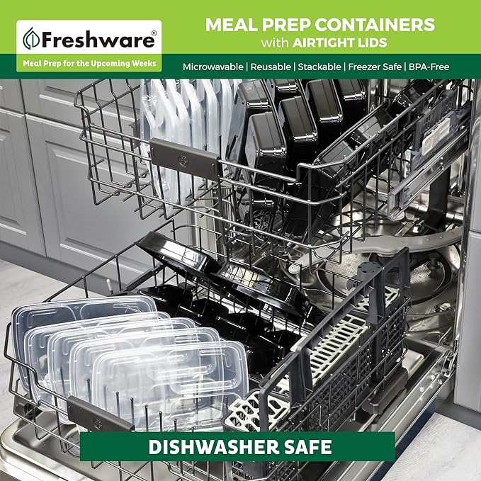 Freshware Meal Prep Containers [150 Pack] 3 Compartment Food Containers with Lids, Bento Box, Stackable, Microwave/Dishwasher Safe (32 oz)