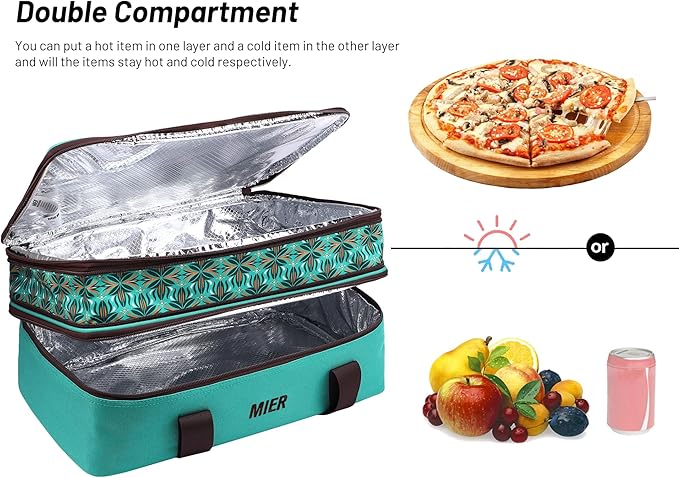 MIER Insulated Double Casserole Carrier Bag Thermal Lunch Tote for Lasagna Lugger, Potluck Parties, Picnic, Beach, Fits 9 x 13 Inches Baking Dish, Casserole Dish, Expandable by Mid Zipper, Teal